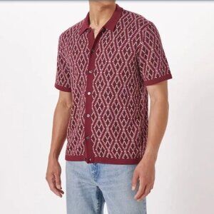 Art of Rhetoric short sleeve sweater button up shirt maroon diamond knit sz M